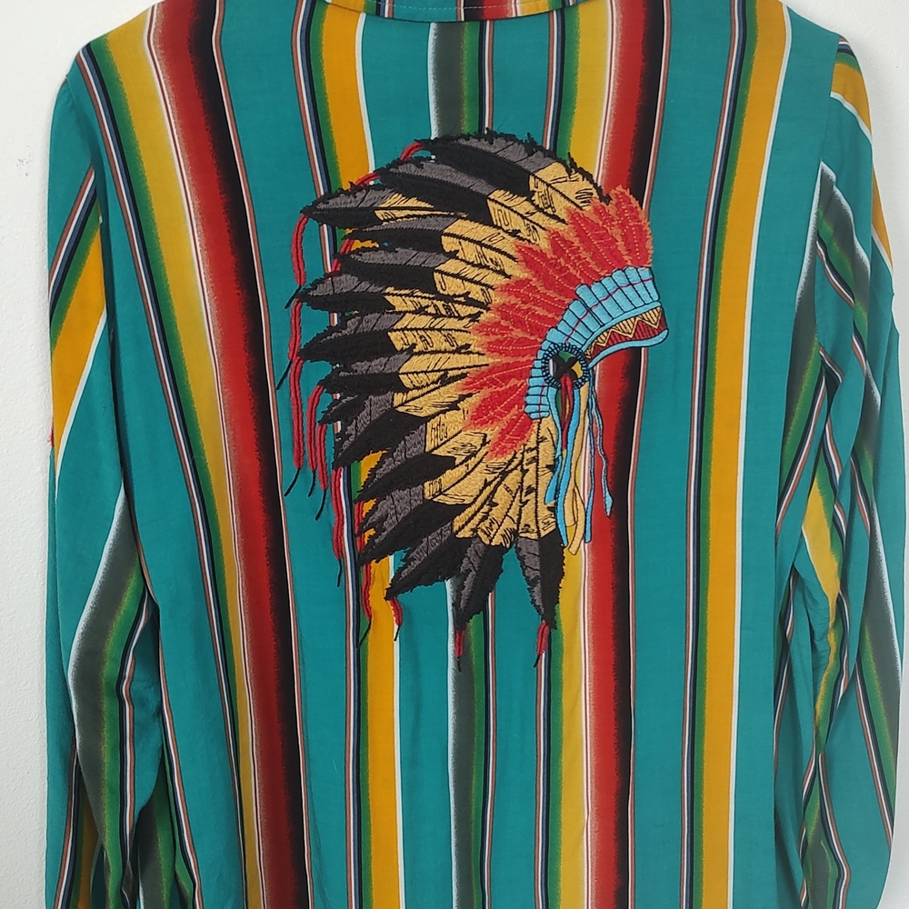 Andree Teal Multicolor Striped Button-Up Blouse with Embroidered Yoke